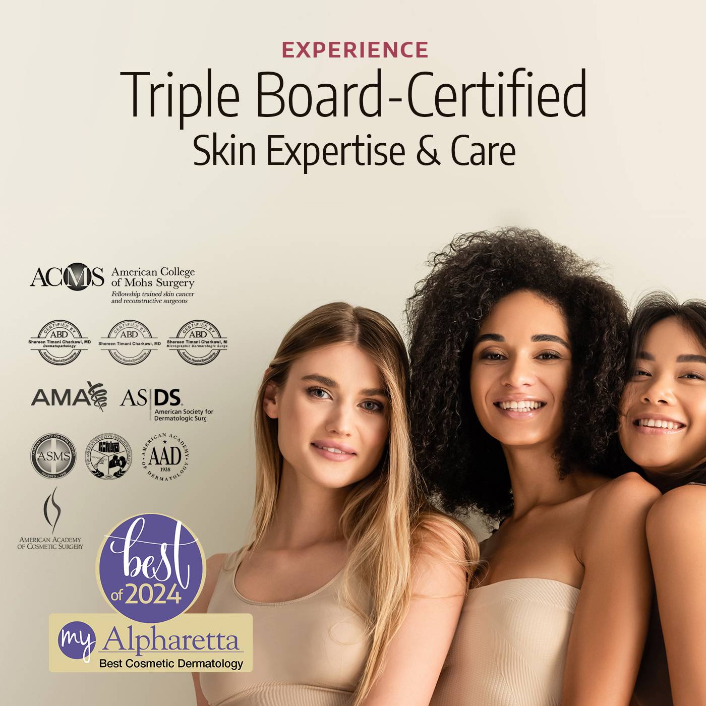  Women—Asian, Caucasian, and Black—standing together with beautiful, youthful, and healthy skin, thanks to expert skin care...  