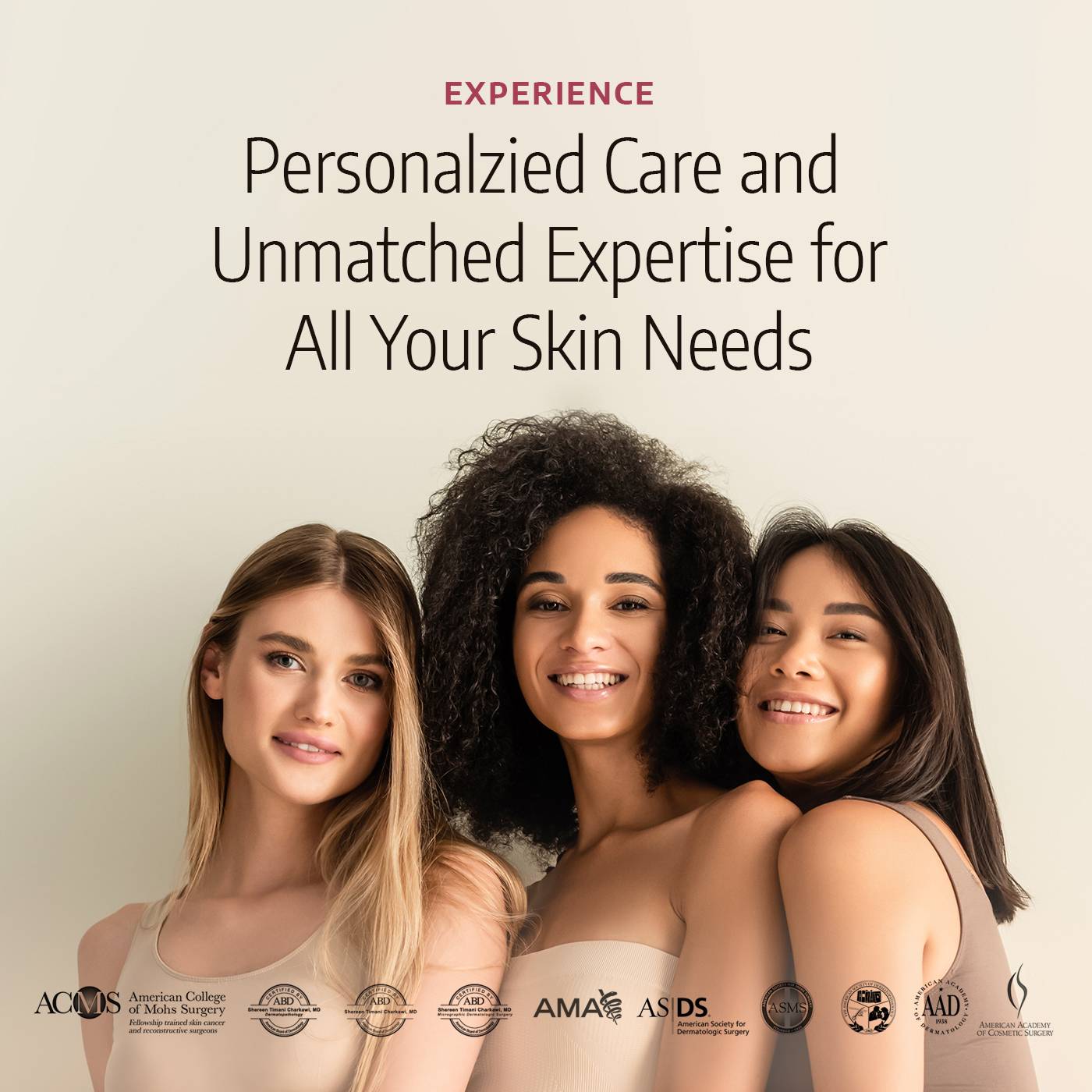  Women with radiant, healthy skin standing together; promoting Triple Board-Certified skin expertise at Springs Dermatology MD. 